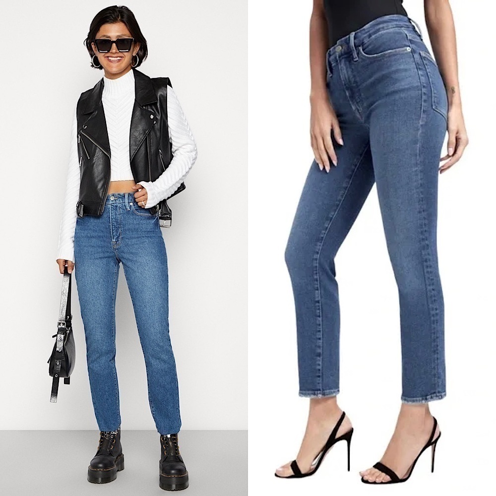 NWT GOOD AMERICAN 90s High Waist Slim Fit Straight Leg Ankle Crop Denim Jeans 26
